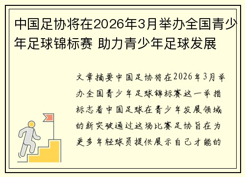 中国足协将在2026年3月举办全国青少年足球锦标赛 助力青少年足球发展