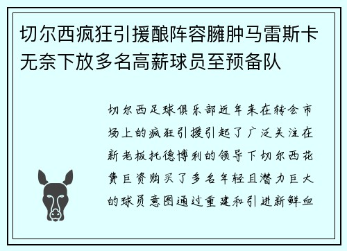 切尔西疯狂引援酿阵容臃肿马雷斯卡无奈下放多名高薪球员至预备队