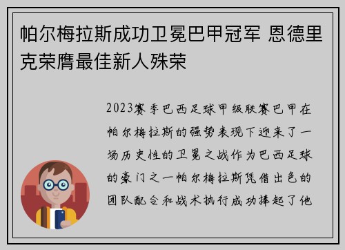 帕尔梅拉斯成功卫冕巴甲冠军 恩德里克荣膺最佳新人殊荣