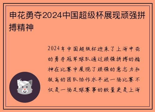 申花勇夺2024中国超级杯展现顽强拼搏精神